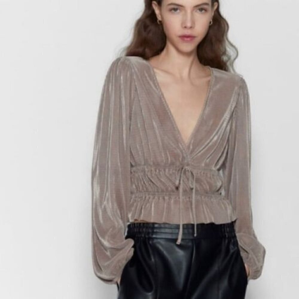 Zara Beige Pleated Lantern Sleeve Ribbed Plunge V-Neck Long Sleeve Blouse S